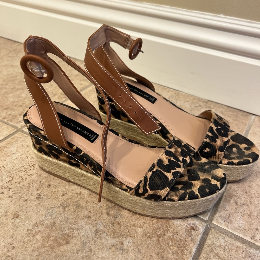 Steven By Steve Madden Leopard Print Espadrille Wedges with Brown Ankle Strap